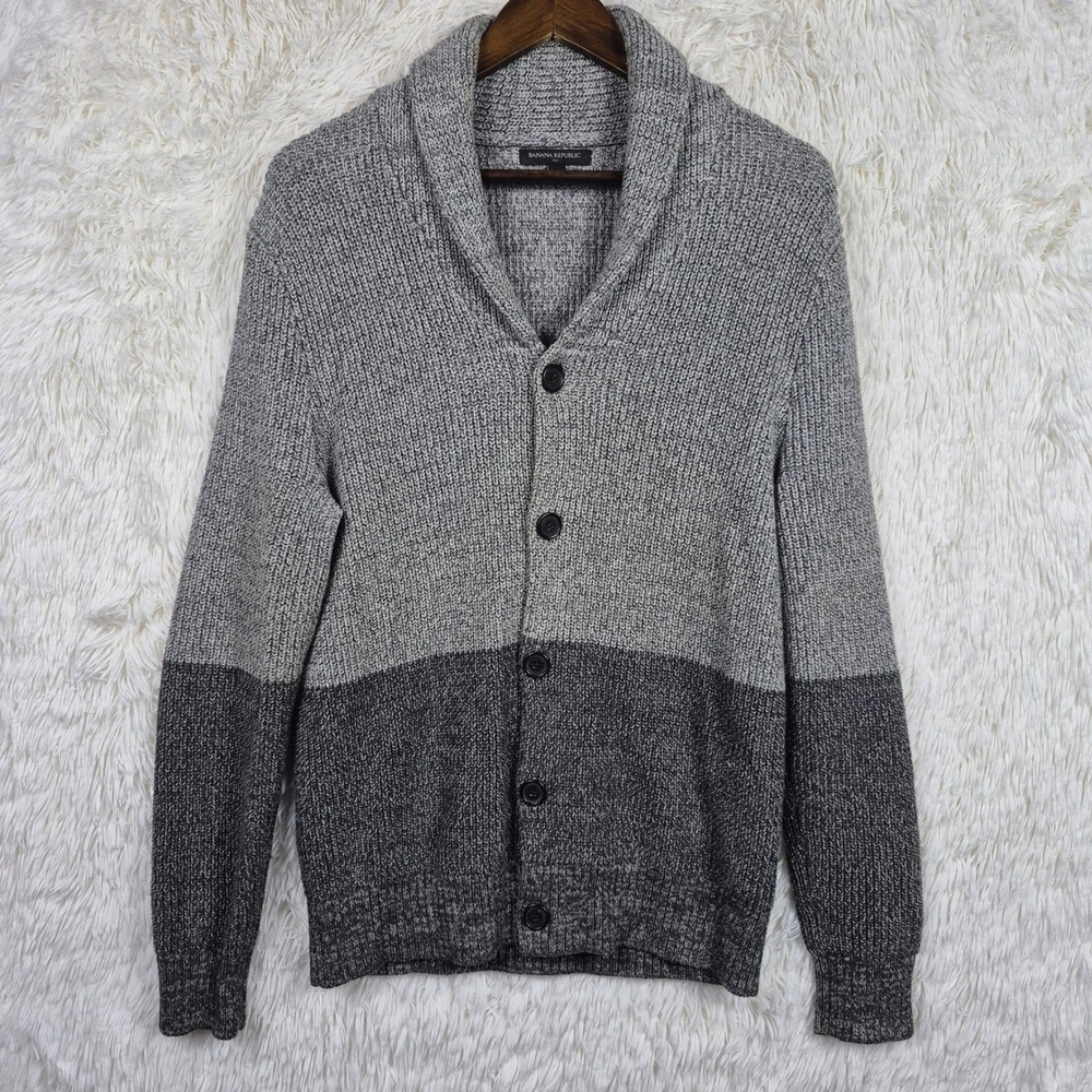 Banana Republic Mens Grey Colorblock Shawl Collar Cardigan Sweater M Preppy
